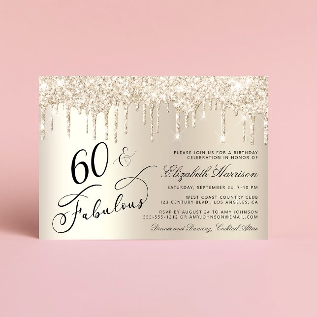Eleganter Gold Glitzer 60. Geburtstagsparty Einladung (Choose the convenient digital version to effortlessly share via email and social media)
