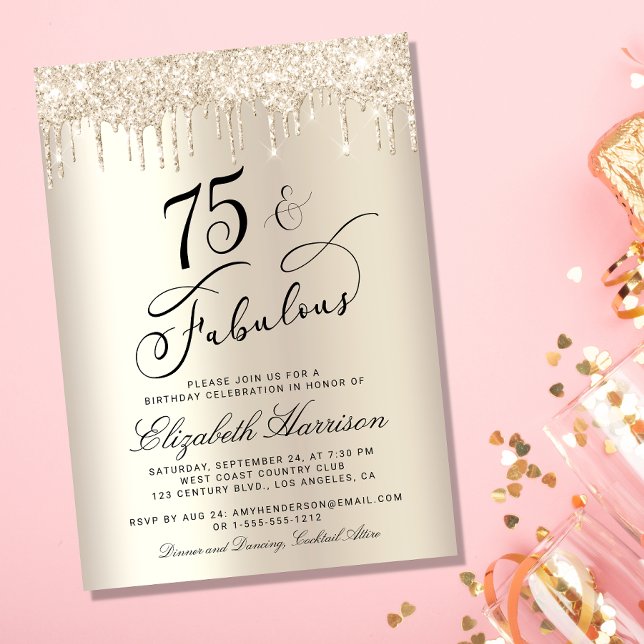 Eleganter Gold Glitzer 75. Geburtstagsparty Einladung (Celebrate her 75 years of sparkle with an elegant gold glitter birthday party invitation  🎉 🎂 🥂)