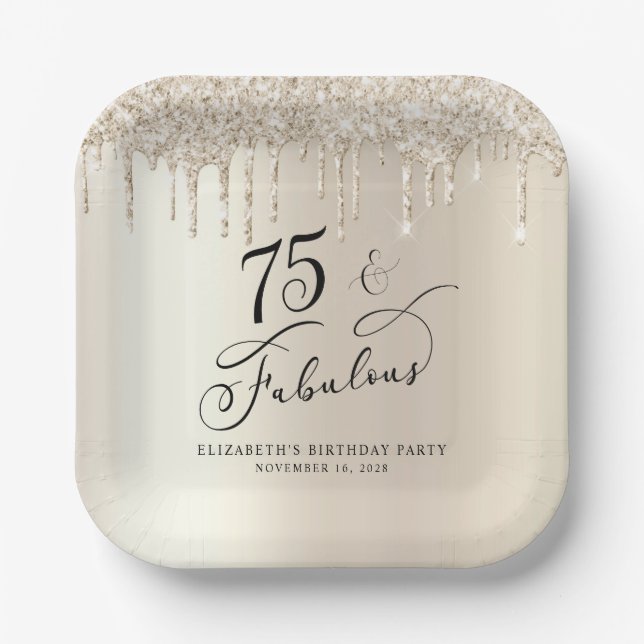 Eleganter Gold Glitzer 75. Geburtstagsparty Pappteller (Vorderseite)
