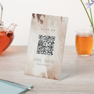 Eleganter Gold Glitzer Agate Marble Beige QR Code Sockelschild