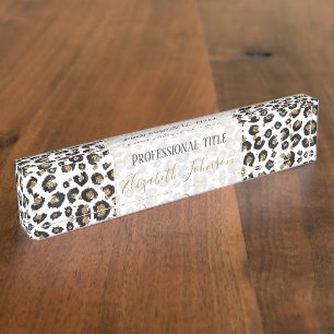 Eleganter Gold Glitzer Black Leopard Animal Print Namensplakette