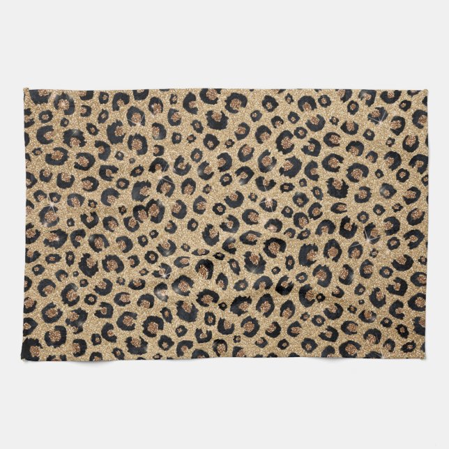 Eleganter Gold Glitzer Black Leopard Print Geschirrtuch (Horizontal)