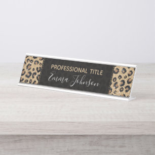 Eleganter Gold Glitzer Black Leopard Print Schreibtischnamensplakette