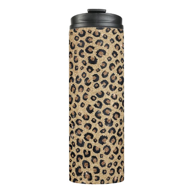 Eleganter Gold Glitzer Black Leopard Print Thermosbecher (Vorderseite)
