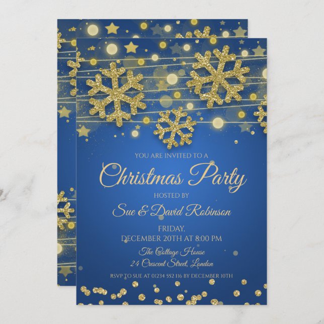 Eleganter Gold Glitzer Blue Christmas Holiday Part Einladung (Vorne/Hinten)