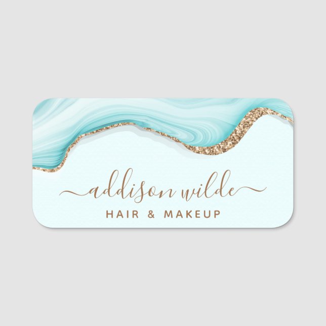 Eleganter Gold Glitzer Blue Marble Agate Modern Namensschild (Vorderseite)