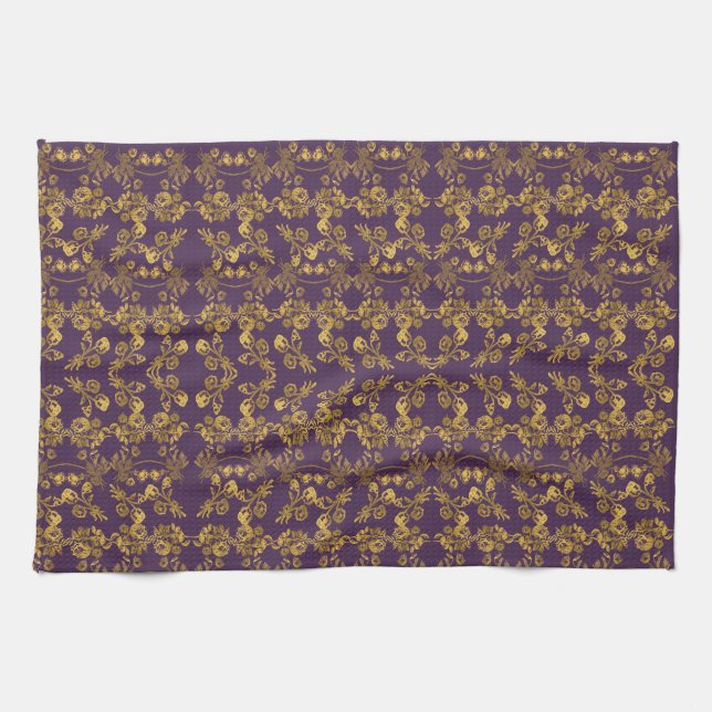 Eleganter Gold Glitzer Blumengarten Muster Geschirrtuch (Horizontal)