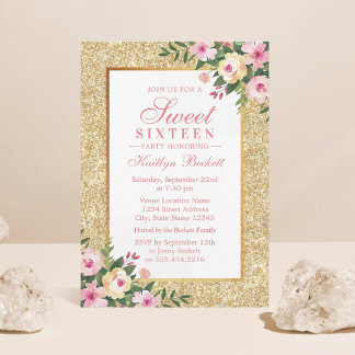 Eleganter Gold Glitzer Blumensaft 16 Geburtstag Einladung