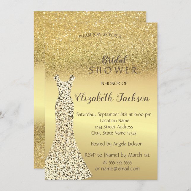 Eleganter Gold Glitzer Bokeh , Dress Brautparty Einladung (Vorne/Hinten)
