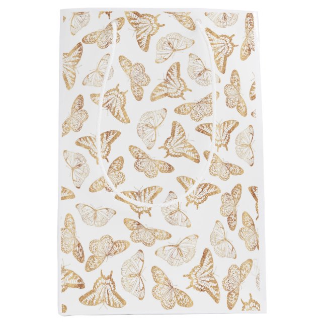 Eleganter Gold Glitzer Butterfly Mittlere Geschenktüte (Vorderseite)