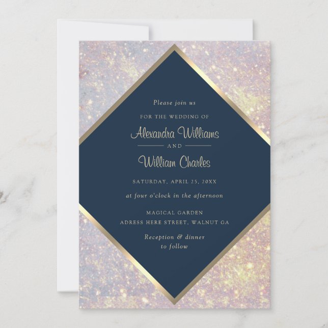 Eleganter Gold Glitzer Calligraphy Blue Chic Weddi Einladung (Vorderseite)