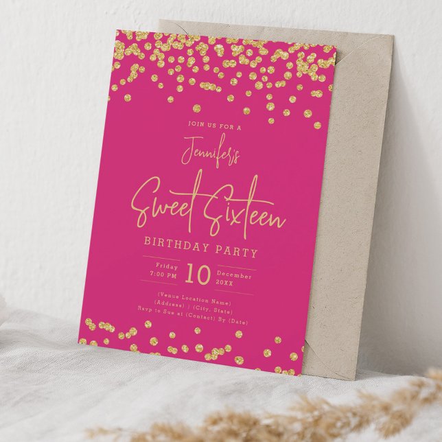 Eleganter Gold Glitzer Confetti Sweet 16 Hot Pink Einladung (Elegant Gold Glitter Confetti Sweet 16 Hot Pink Invitation)