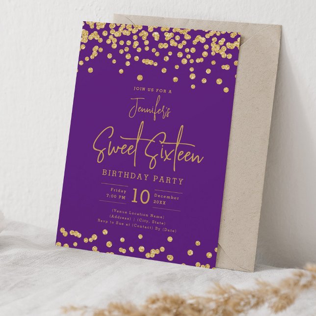 Eleganter Gold Glitzer Confetti Sweet 16 Lila Einladung (Elegant Gold Glitter Confetti Sweet 16 Purple Invitation)