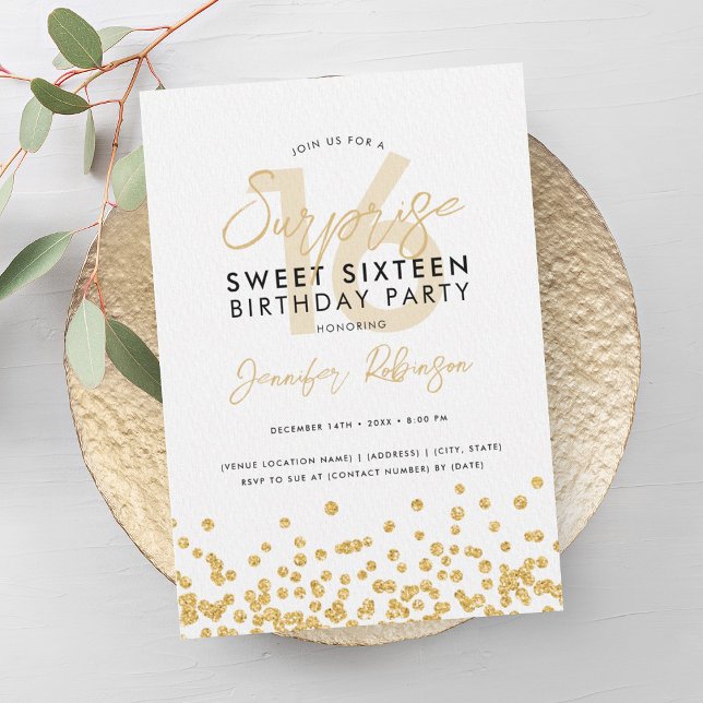 Eleganter Gold Glitzer Confetti Überraschung Sweet Einladung (Elegant Gold Glitter Confetti Surprise Sweet 16 Invitation)