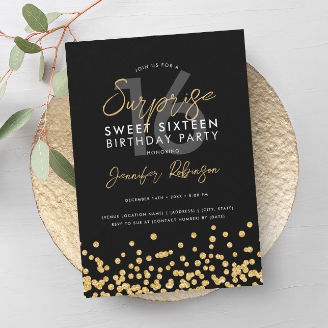Eleganter Gold Glitzer Confetti Überraschung Sweet Einladung (Elegant Gold Glitter Confetti Surprise Sweet 16 Invitation)