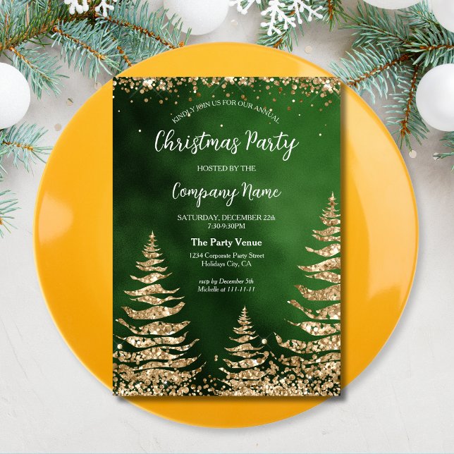 Eleganter Gold Glitzer Corporate Weihnachtsfest Pa Einladung (modern glitter pine tree on the green background christmas corporate party invitation)