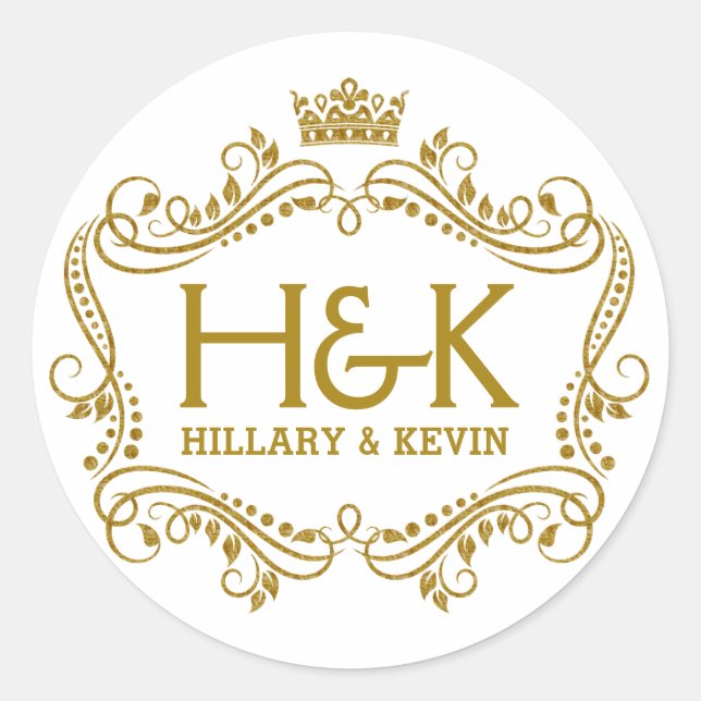Eleganter Gold Glitzer Crown & Floral Frame Runder Aufkleber (Vorderseite)