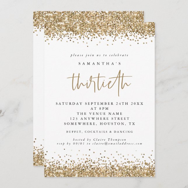 Eleganter Gold Glitzer Dreißigstes Party Einladung (Vorne/Hinten)
