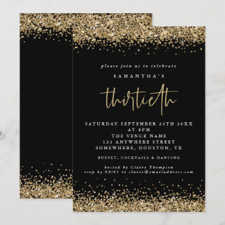 Eleganter Gold Glitzer Dreißigstes Party Schwarz Einladung