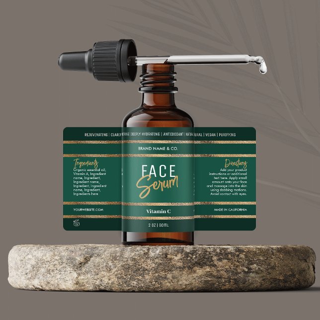 Eleganter Gold Glitzer Emerald Green Cosmetic Flas (Elegant emerald green and gold glitter cosmetic bottle wrap around label design)