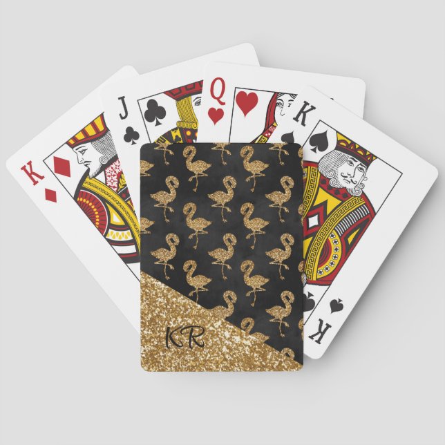 Eleganter Gold Glitzer Flamingos Mit Monogramm Spielkarten (Rückseite)