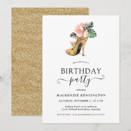 Eleganter Gold Glitzer Floral Gold Heelse Geburtst Einladung