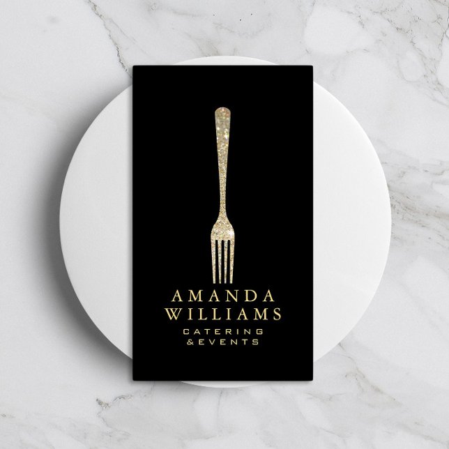 Eleganter Gold Glitzer Fork Catering Logo Black II Visitenkarte (Von Creator hochgeladen)