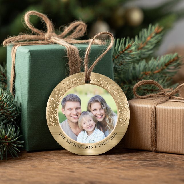 Eleganter Gold Glitzer Foto Metallische Weihnachte Keramik Ornament (Elegant Gold Glitter Photo Metallic Christmas Ceramic Ornament
)