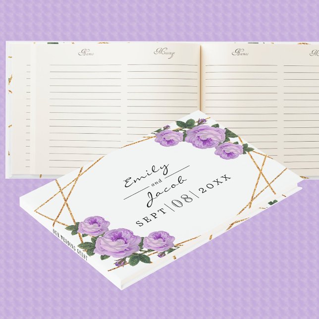 Eleganter Gold Glitzer Geo Lila Blumenhochzeit Gästebuch (Elegant Gold Glitter Geo Purple Floral Wedding Guest Book)