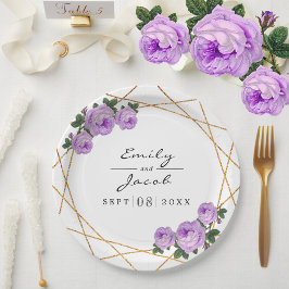 Eleganter Gold Glitzer Geo Lila Blumenhochzeit Pappteller