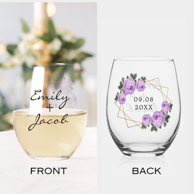 Eleganter Gold Glitzer Geo Lila Blumenhochzeit Weinglas Ohne Stiel (Elegant Gold Glitter Geometric Purple Floral Wedding Stemless Wine Glass)