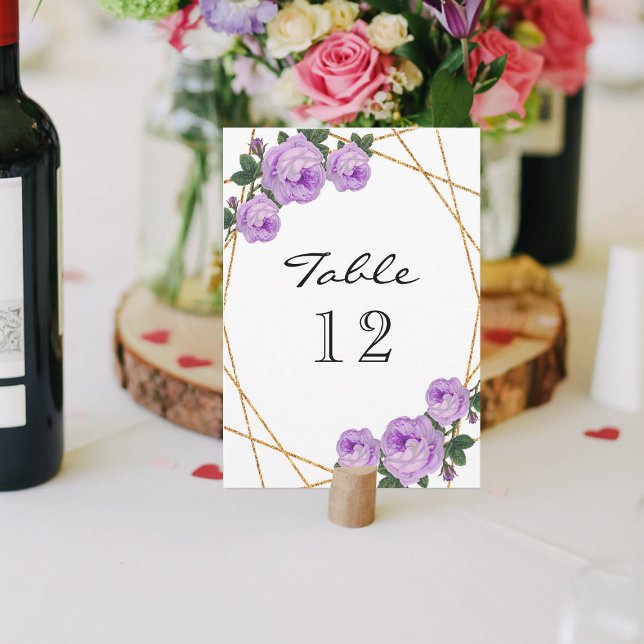 Eleganter Gold Glitzer Geo Lila Floral Table No Ankündigung (Von Creator hochgeladen)