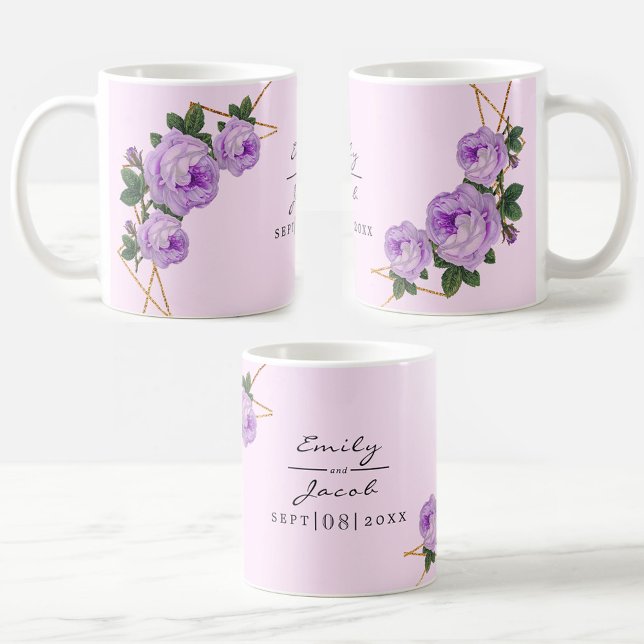 Eleganter Gold Glitzer Geometric Lila Floral Wed Kaffeetasse (Elegant Gold Glitter Geometric Purple Floral Wed Coffee Mug)