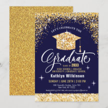 Eleganter Gold Glitzer Grad Cap auf Blue Abschluss