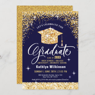 Eleganter Gold Glitzer Grad Cap auf Blue Abschluss Einladung