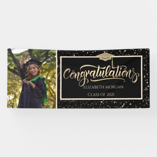 Eleganter Gold Glitzer Grad Cap, Foto Abschluss Banner (Horizontal)