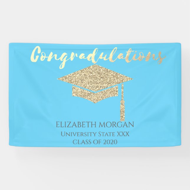 Eleganter Gold Glitzer Graduate Cap, Blue Abschlus Banner