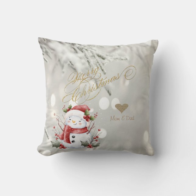 Eleganter Gold Glitzer Heart Snowman Kissen (Vorderseite)