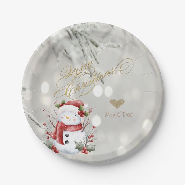 Eleganter Gold Glitzer Heart Snowman Pappteller (Vorderseite)