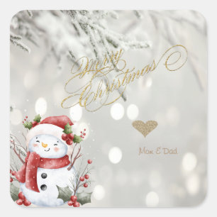Eleganter Gold Glitzer Heart Snowman Quadratischer Aufkleber