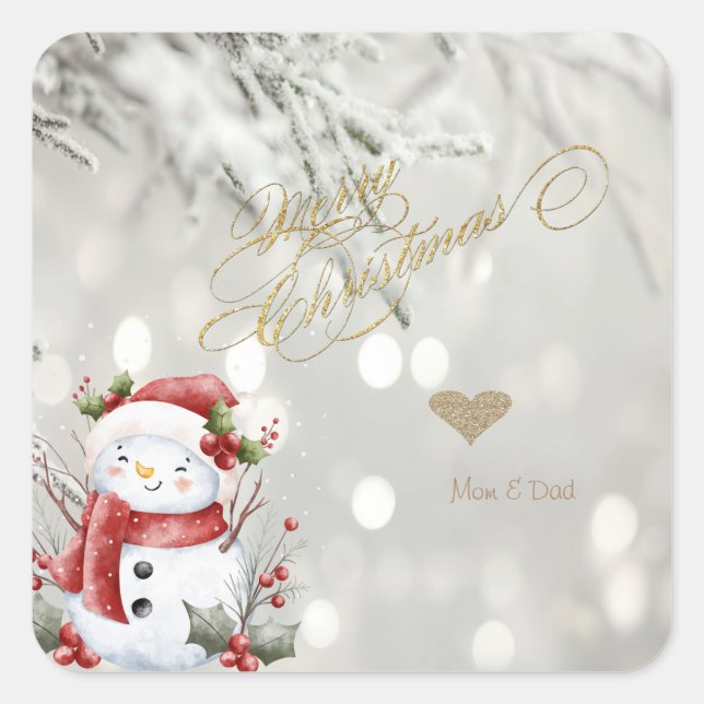 Eleganter Gold Glitzer Heart Snowman Quadratischer Aufkleber (Vorderseite)