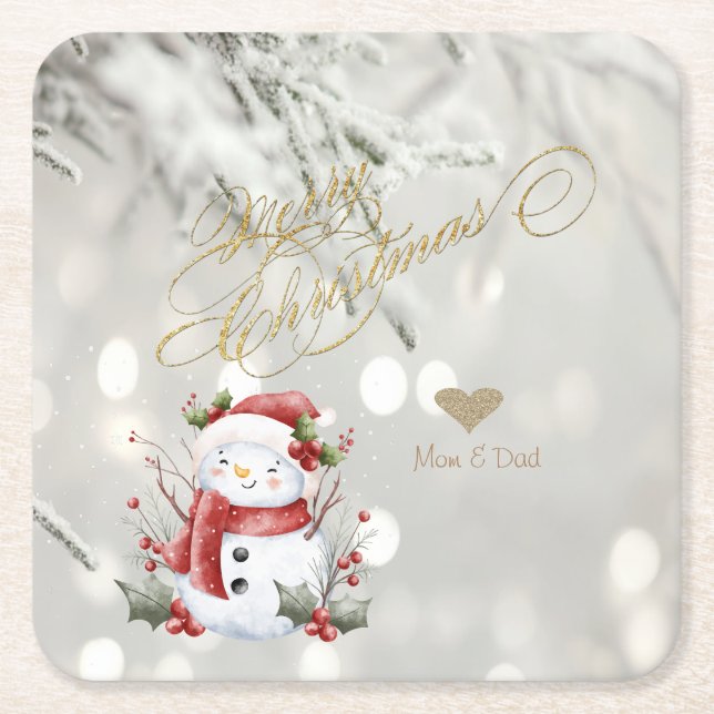 Eleganter Gold Glitzer Heart Snowman Rechteckiger Pappuntersetzer (Vorderseite)