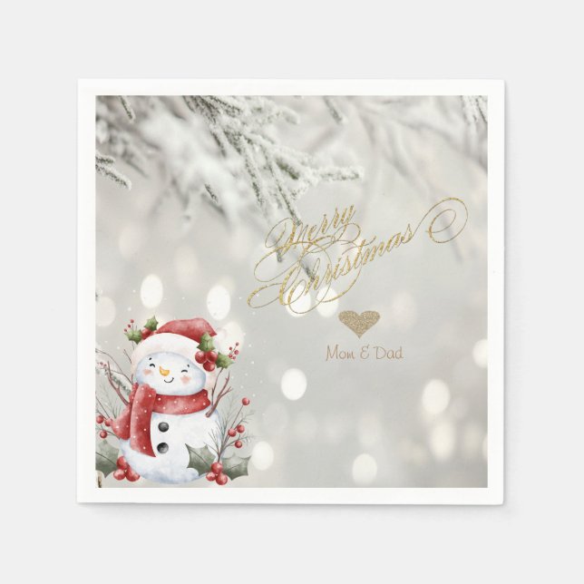 Eleganter Gold Glitzer Heart Snowman Serviette (Vorderseite)