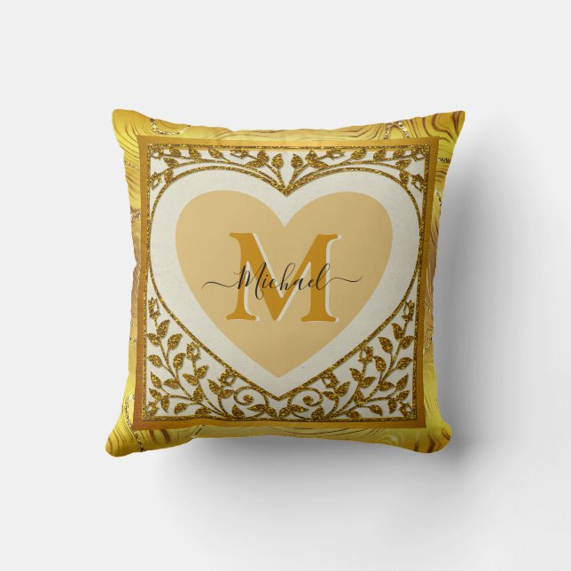 Eleganter Gold Glitzer Herzens Initial & Name Kissen (Rückseite)