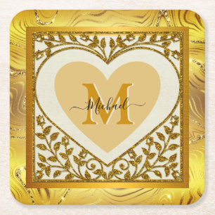 Eleganter Gold Glitzer Herzens Initial & Name Rechteckiger Pappuntersetzer