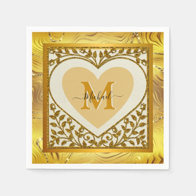 Eleganter Gold Glitzer Herzens Initial & Name Serviette (Vorderseite)