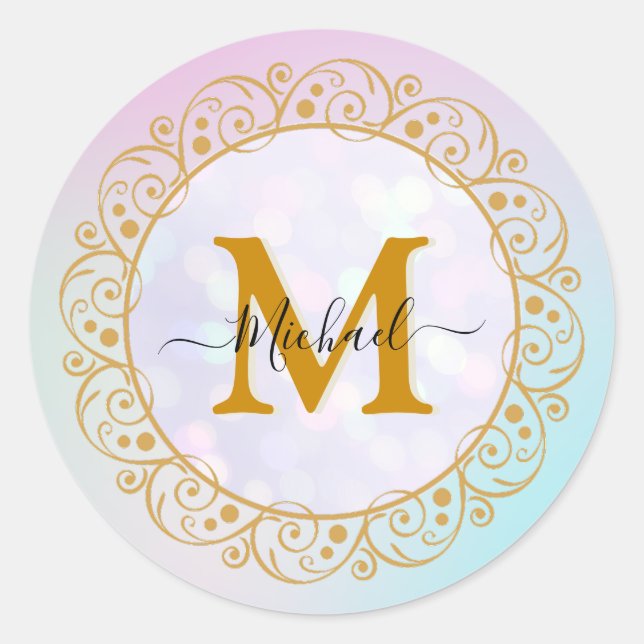 Eleganter Gold Glitzer Initial & Name Runder Aufkleber (Vorderseite)