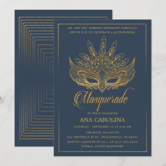 Eleganter Gold Glitzer Masquerade Quinceañera Einladung