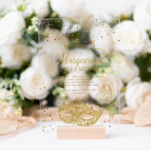 Eleganter Gold Glitzer Masquerade Sweet 16 Acryleinladungen