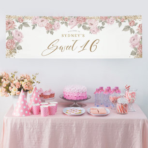 Eleganter Gold Glitzer Peony Floral Sweet 16 Willk Banner